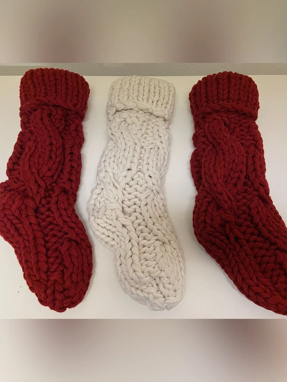 Pottery Barn COLOSSAL KNIT STOCKING chunky hand-knit Lot 3 Red & Ivory Holiday